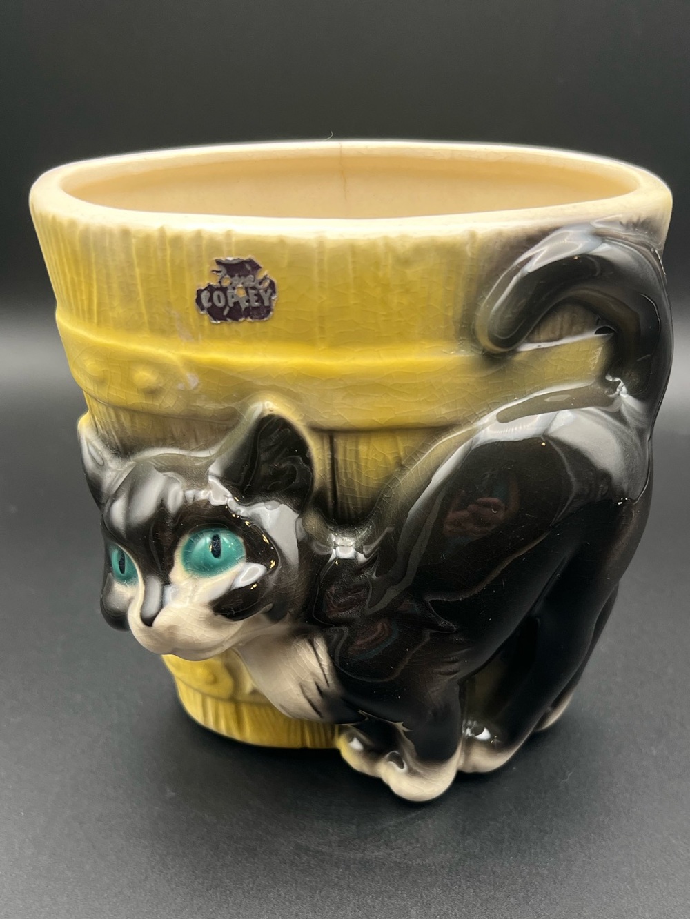 ✨ Vintage Royal Copley Black Cat Yellow Barrel Planter Vase Foil Sticker As Is